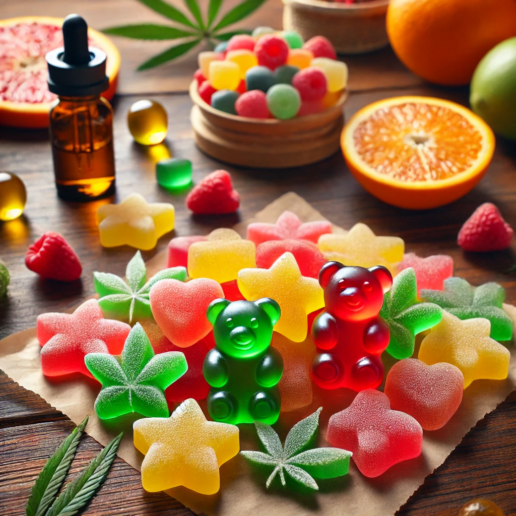 Gummies au CBD maison aux couleurs vives dans des moules en silicone, accompagnés d’une bouteille d’huile de CBD et de fruits frais.