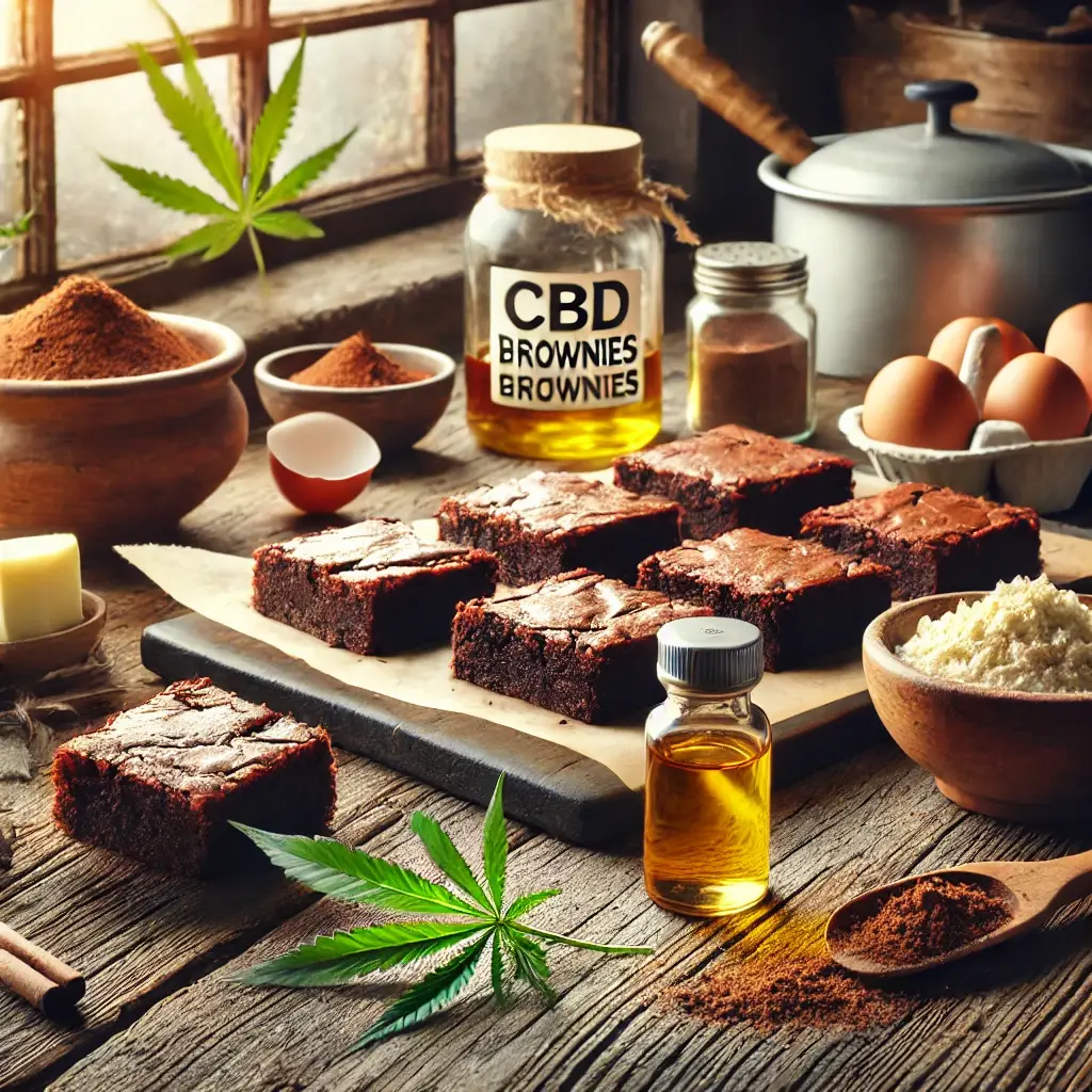 Brownies au CBD fraîchement cuits sur une table en bois, entourés d’ingrédients comme du cacao, des œufs, du beurre et une bouteille d’huile de CBD.