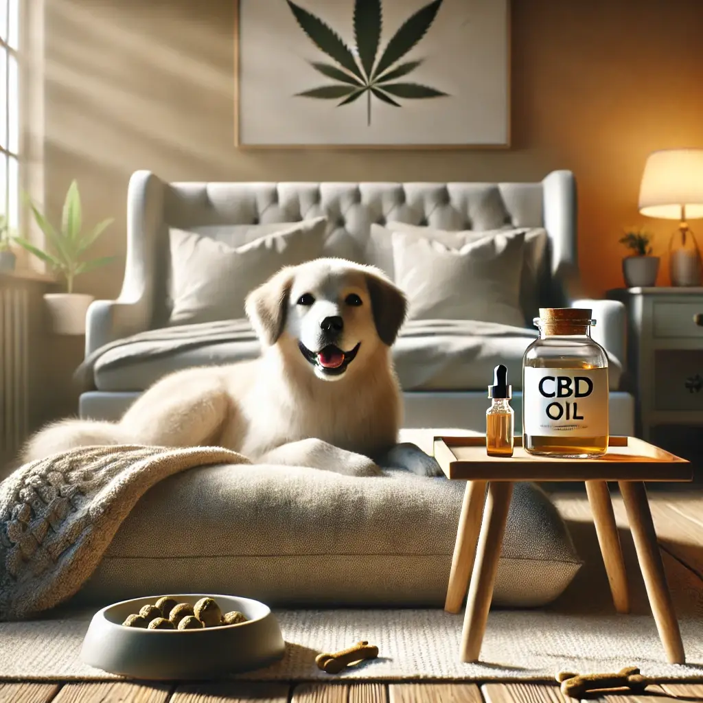 Chien détendu allongé sur un lit, avec une bouteille de CBD et des friandises naturelles à proximité, dans une ambiance chaleureuse.