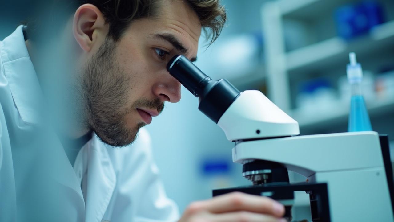 Photo d'un homme en blouse blanche de laboratoire examinant un échantillon au microscope.