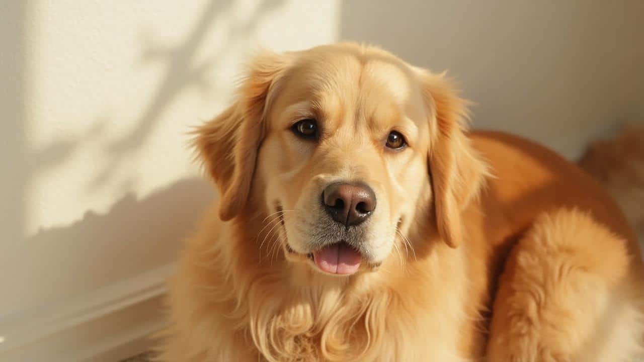 Portrait d'un chien golden retriever, aux yeux expressifs et à la fourrure dorée.