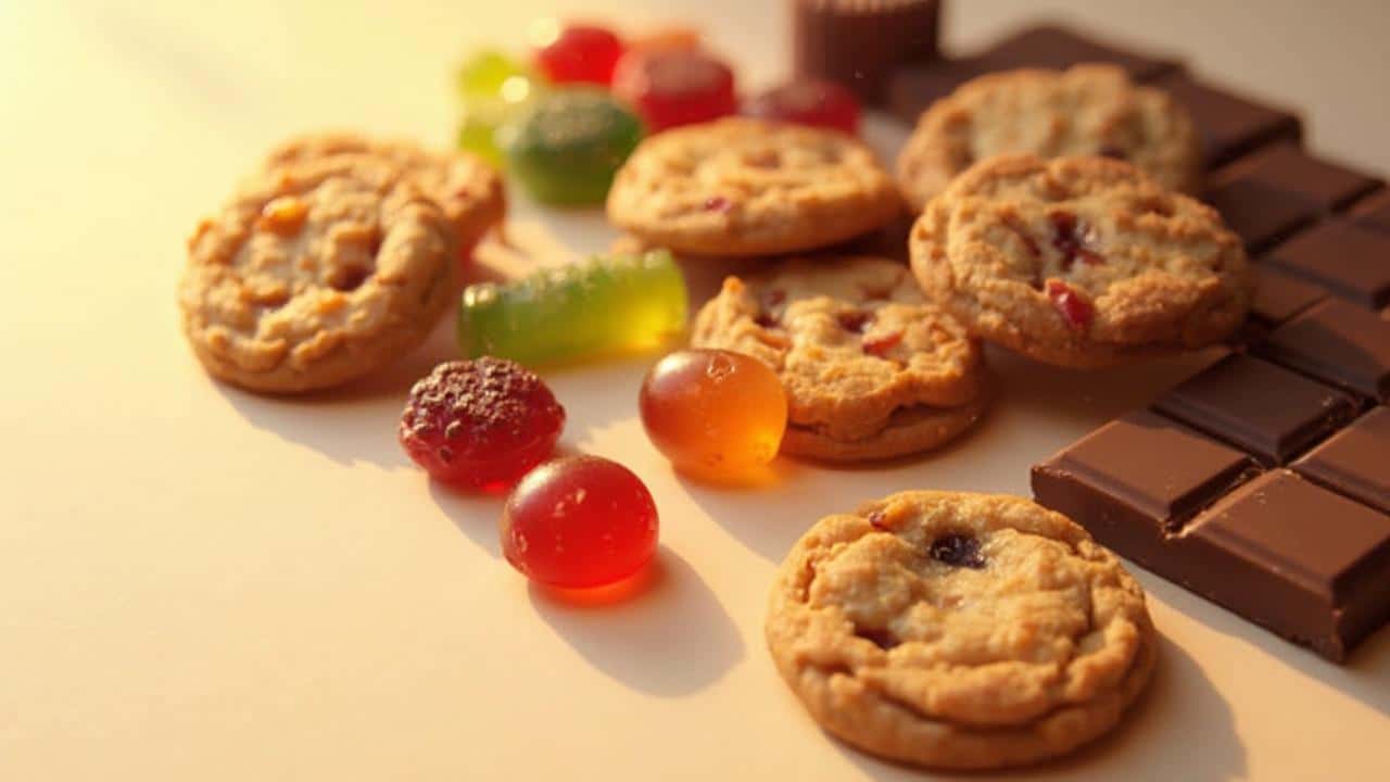 Assortiment de biscuits, bonbons et chocolats sur un fond jaune.