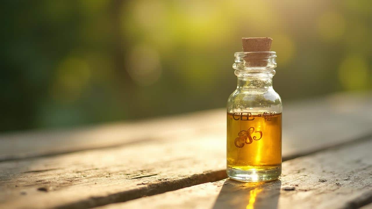 Bouteille en verre avec de l'huile essentielle dorée sur une surface en bois