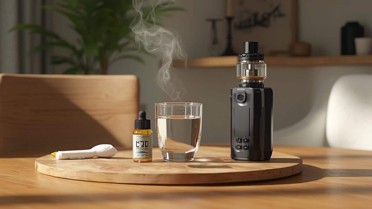 Une cigarette électronique avec un verre d'eau sur une table en bois