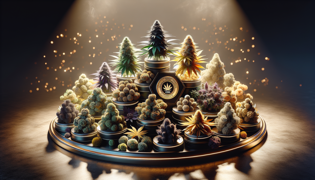 Fleurs de CBD assorties exposées avec un sceau d'authenticité de qualité.