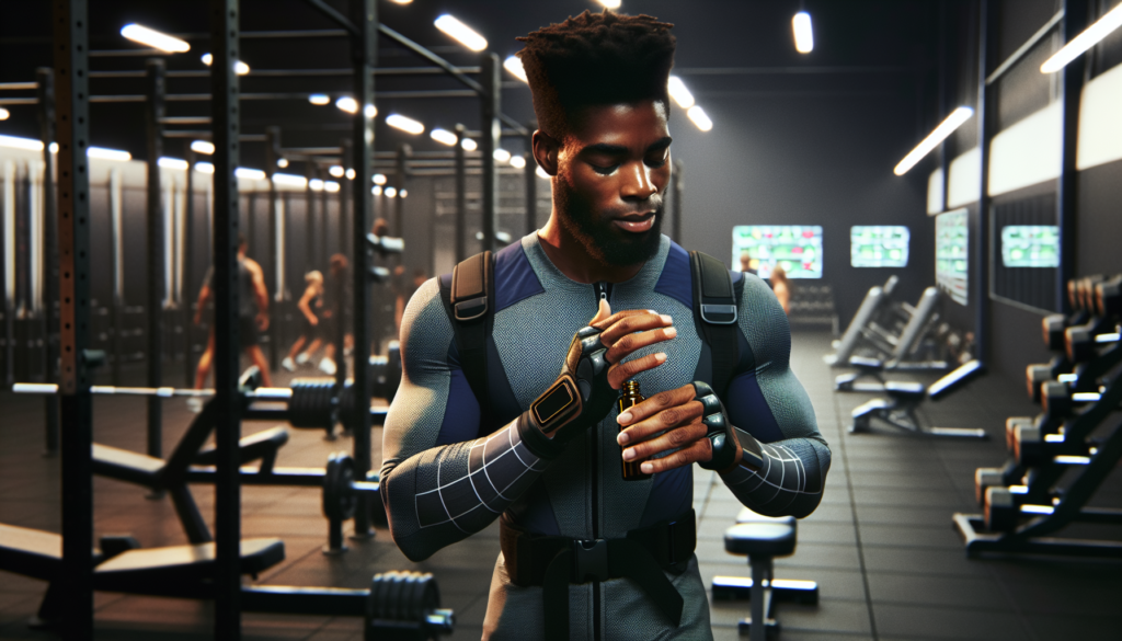 Athlète appliquant de l'huile de CBD sur ses muscles pour la récupération dans un cadre de salle de sport.