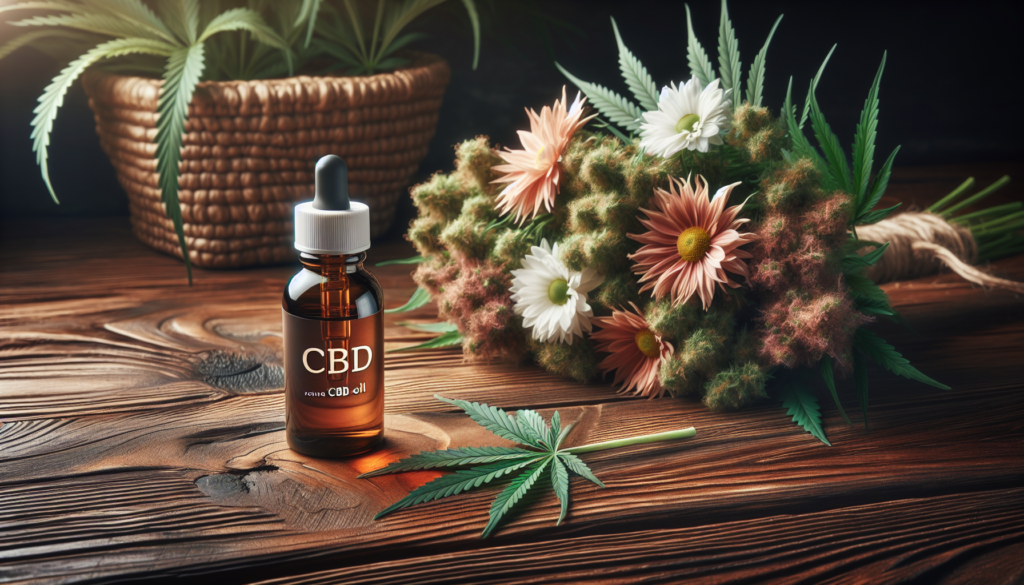Une bouteille d'huile de CBD à côté d'un bouquet de fleurs de CBD sur une table en bois.