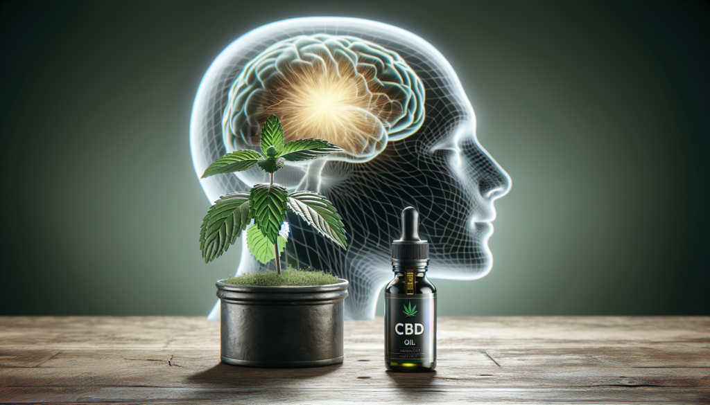 Bouteille d'huile de CBD avec une plante de menthe et une silhouette de tête avec une aura de migraine.