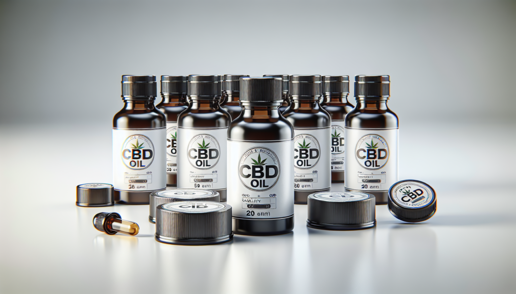 Des bouteilles d'huile de CBD avec un sceau de qualité sur un fond blanc immaculé.