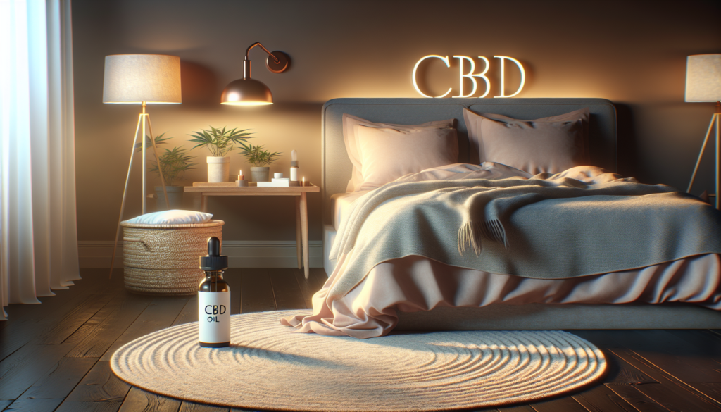 Une chambre sereine avec une bouteille d'huile de CBD sur la table de nuit.