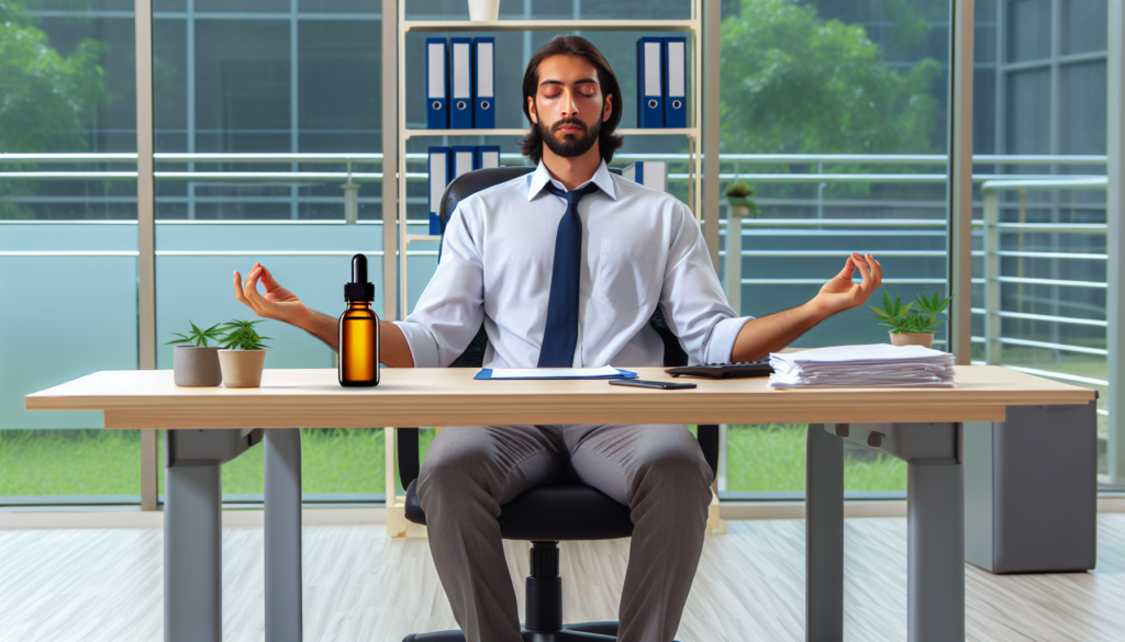 Employé de bureau méditant avec une bouteille d'huile de CBD sur le bureau.