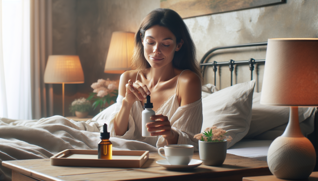 Femme se détendant avec de l'huile de CBD et une tisane, dans une chambre paisible en arrière-plan.