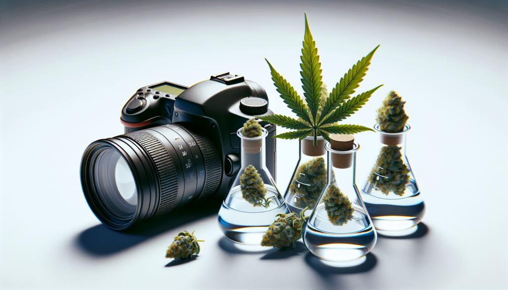 Des fioles de laboratoire contenant des liquides transparents et des feuilles de cannabis sur un fond blanc.