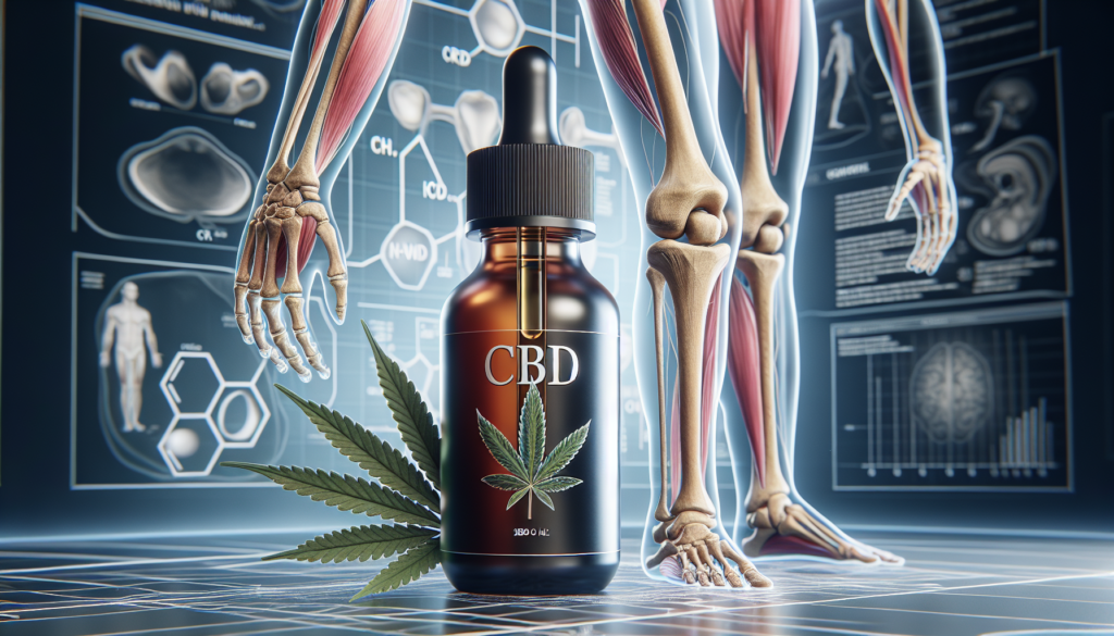 Flacon d'huile de CBD avec une pipette et un arrière-plan d'illustrations de jointures saines.