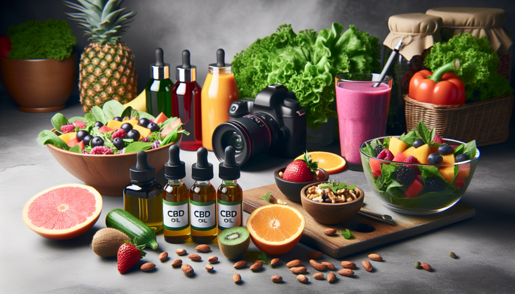 Des bouteilles d'huile de CBD à côté d'aliments sains comme des salades, des smoothies et des noix.