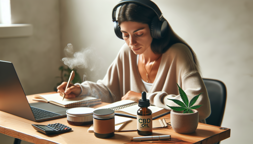 Personne à un bureau avec de l'huile de CBD et des objets liés à la concentration à proximité.