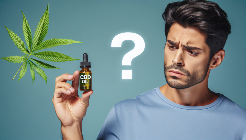 Personne regardant un flacon d'huile de CBD avec un point d'interrogation au-dessus de sa tête.