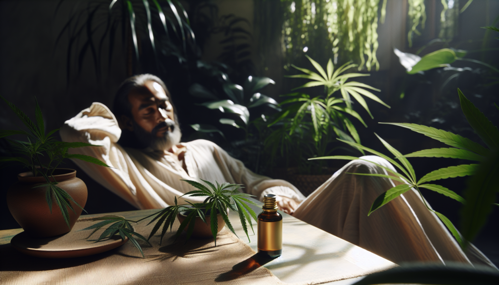 Une personne se détendant dans un cadre serein avec de l'huile de CBD et des plantes vertes à proximité.