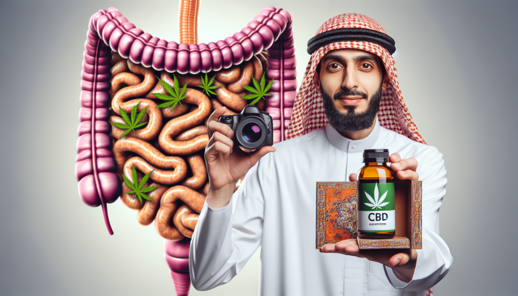 Personne tenant une bouteille d'huile de CBD avec en arrière-plan des organes digestifs sains.