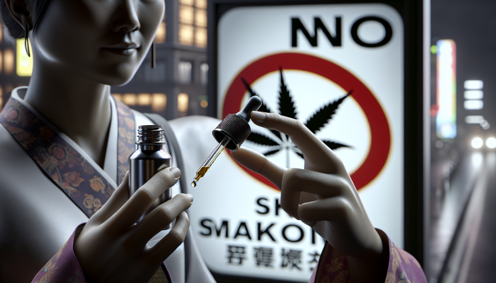 Personne tenant un compte-gouttes d'huile de CBD avec un panneau d'interdiction de fumer en arrière-plan.