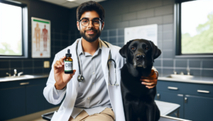 Un vétérinaire tenant un flacon d'huile de CBD près d'un chien assis calmement.