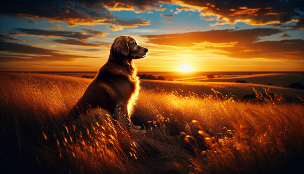 Une image réaliste d'un golden retriever assis sur un champ herbeux au coucher du soleil.