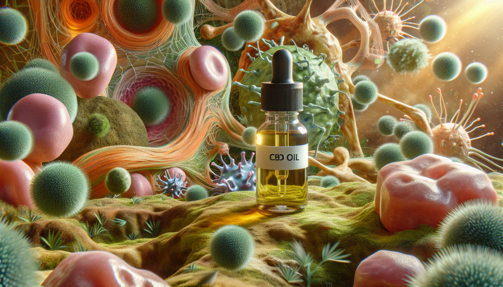 Bouteille d'huile de CBD avec en arrière-plan des cellules du système immunitaire et de la verdure naturelle.