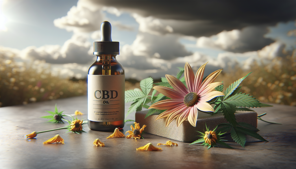 Bouteille d'huile de CBD à côté d'une fleur fanée sous un ciel nuageux.