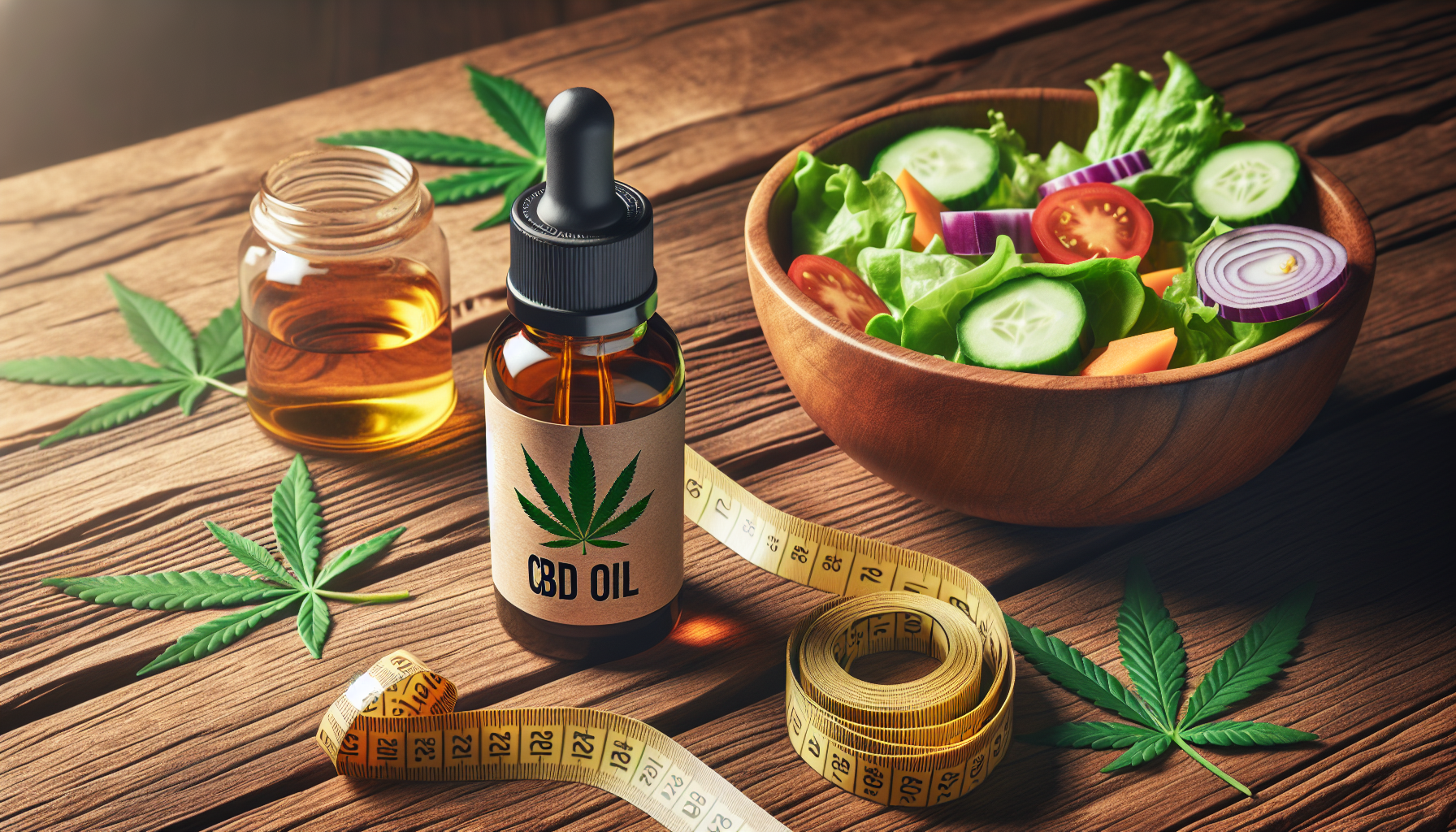Bouteille d'huile de CBD à côté d'un mètre ruban et d'une salade fraîche sur une table en bois.