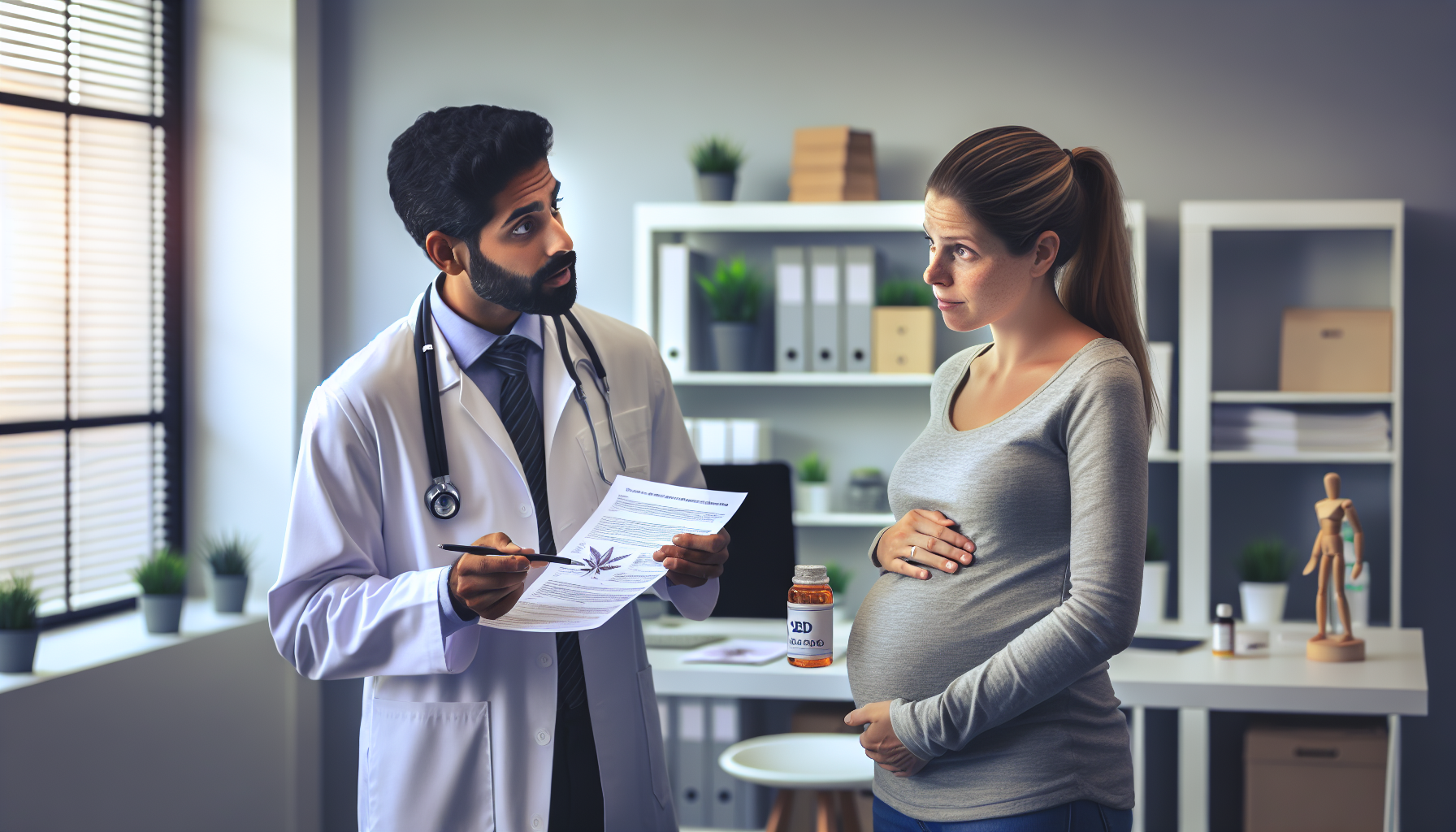 Femme enceinte consultant un médecin au sujet de la sécurité du CBD avec une expression préoccupée.