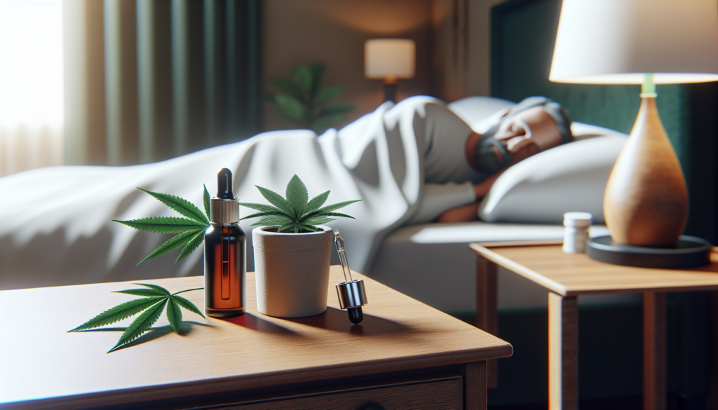 Flacon d'huile de CBD avec compte-gouttes et une personne dormant paisiblement dans son lit.