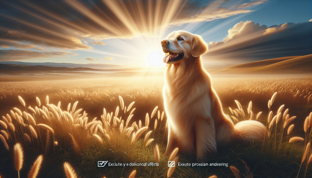 Une image réaliste d'un golden retriever assis dans un champ baigné de soleil.