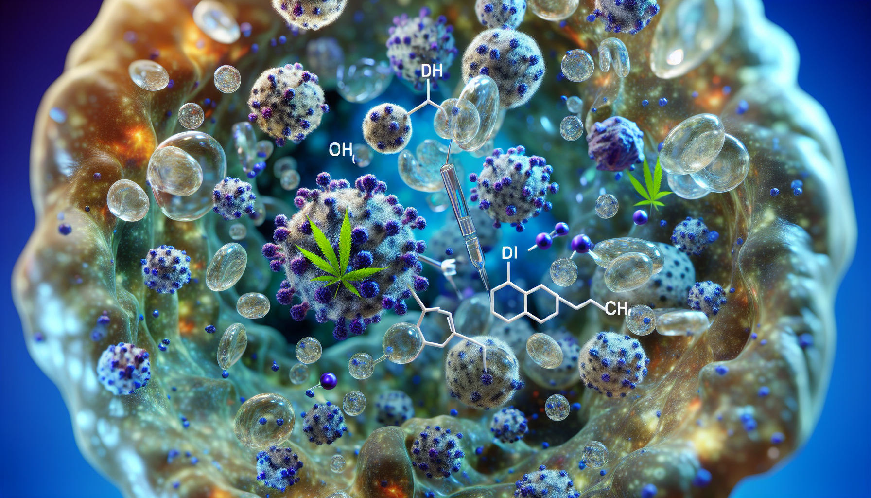 Illustration de molécules de CBD interagissant avec les récepteurs du corps humain dans un environnement cellulaire.