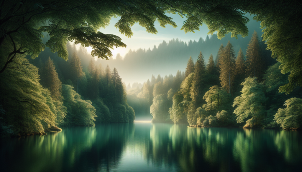 Une image réaliste d'un lac serein entouré d'arbres verdoyants et luxuriants.