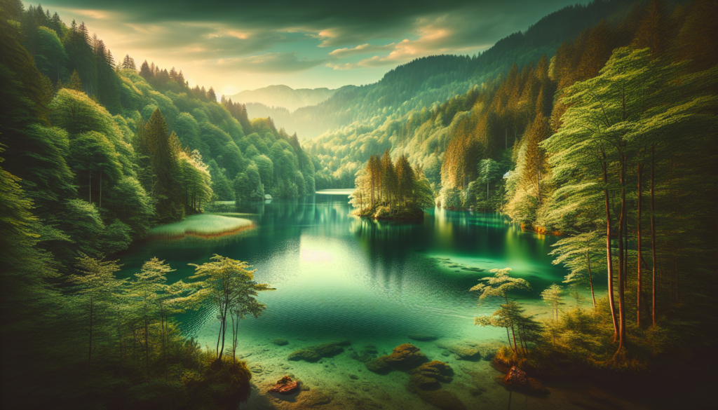 Une image réaliste d'un lac serein entouré d'arbres verdoyants et luxuriants.