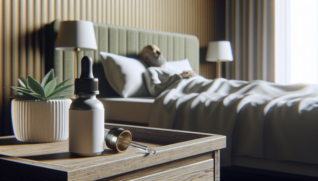 Patient reposant dans son lit avec un flacon d'huile de CBD et une pipette sur la table de chevet.