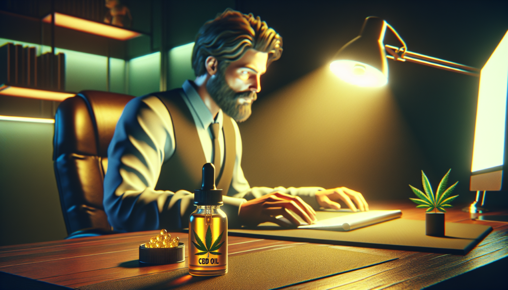Personne à un bureau avec de l'huile de CBD, concentrée sur un écran d'ordinateur.