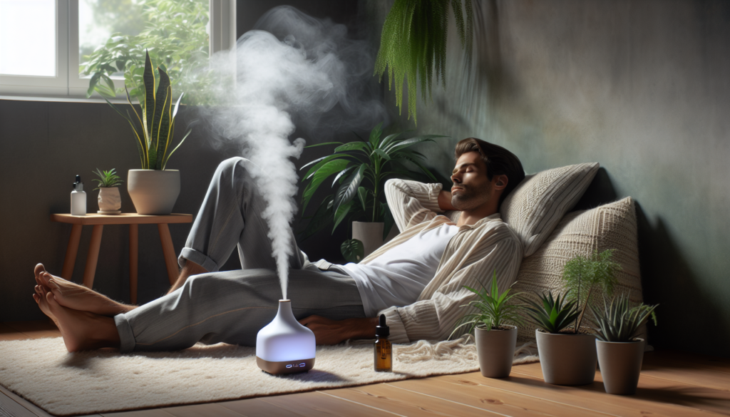 Personne se détendant dans une pièce sereine avec un diffuseur d'huile de CBD et des plantes apaisantes.