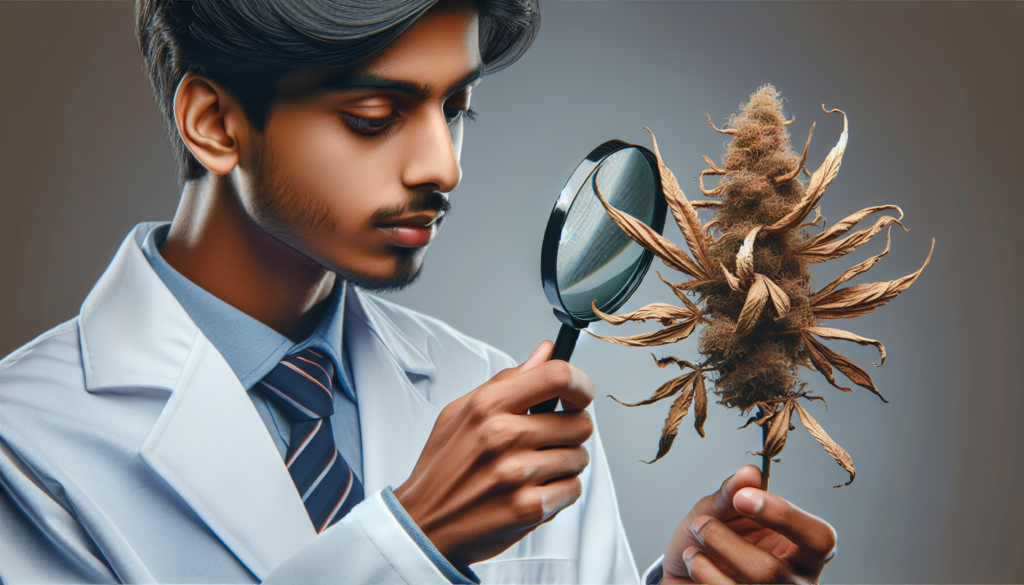 Une personne examinant une plante de chanvre décolorée et flétrie avec une loupe.