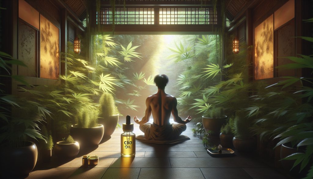 Personne méditant avec de l'huile de CBD et des plantes vertes dans un cadre de spa tranquille.