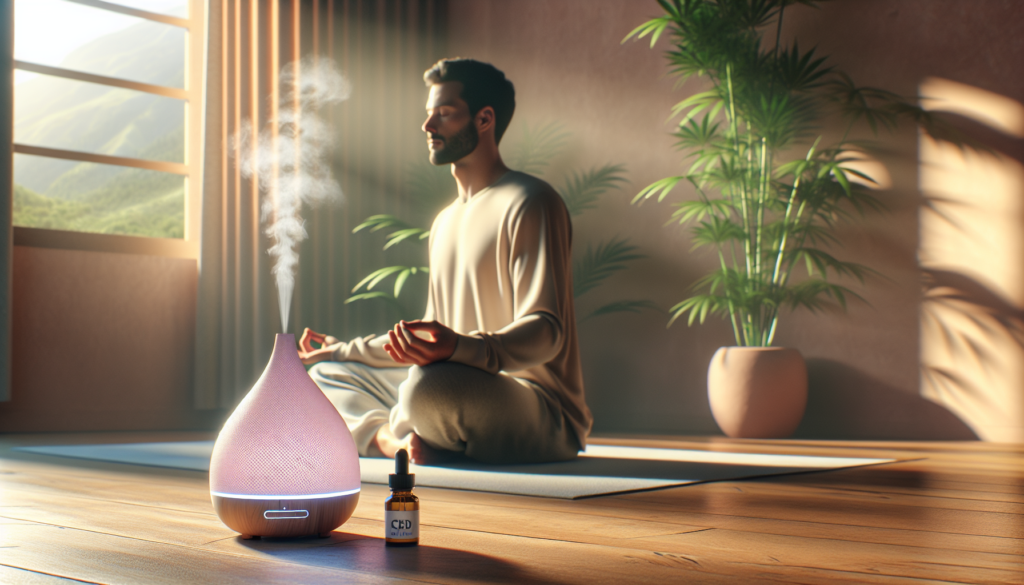 Personne méditant paisiblement avec un diffuseur d'huile de CBD à proximité.