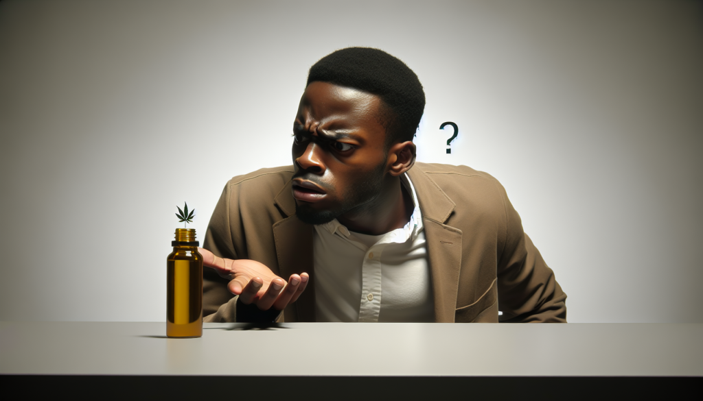 Personne regardant avec perplexité une bouteille d'huile de CBD sans effet.
