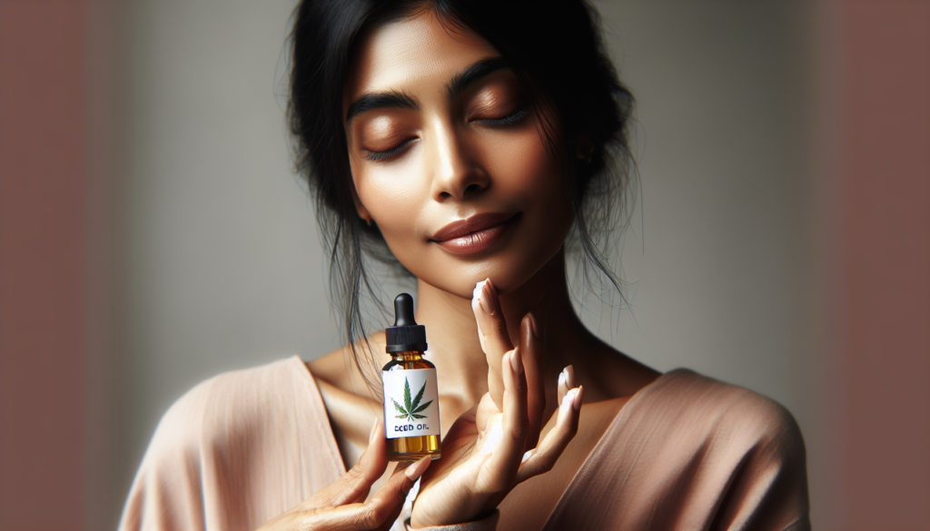 Personne tenant une bouteille d'huile de CBD avec une expression sereine.