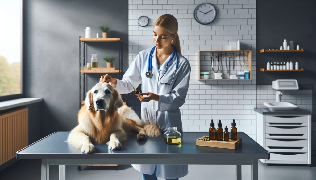 Vétérinaire administrant de l'huile de CBD à un chien calme dans un cadre clinique.
