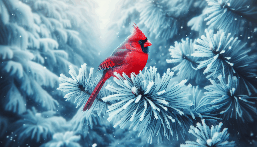 Un cardinal rouge perché sur une branche de pin enneigée.