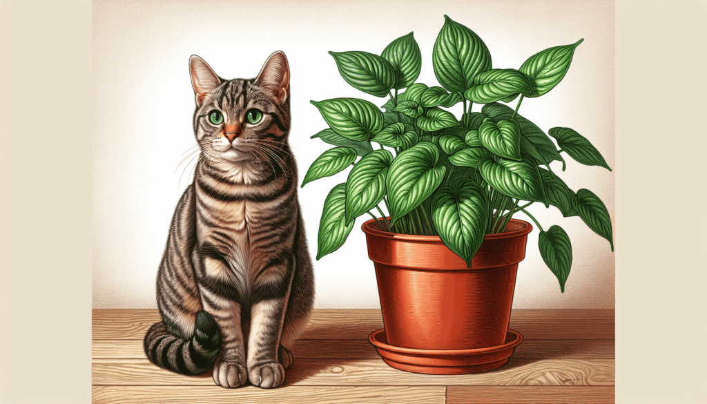 Une image réaliste d'un chat assis à côté d'une plante en pot.