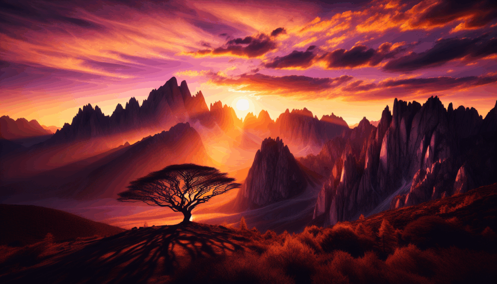 Coucher de soleil derrière une montagne avec une silhouette d'arbre au premier plan.