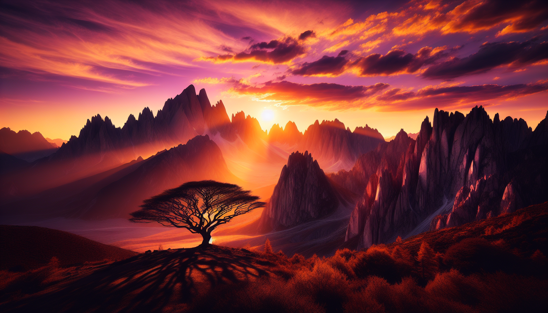 Coucher de soleil derrière une montagne avec une silhouette d'arbre au premier plan.