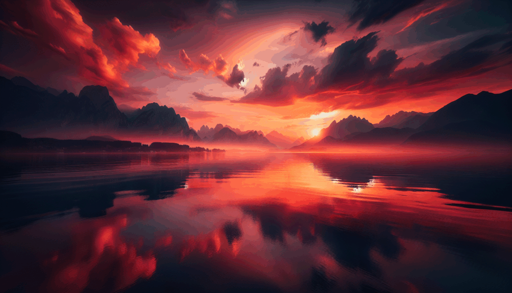 Coucher de soleil sur un lac calme avec des montagnes en arrière-plan.