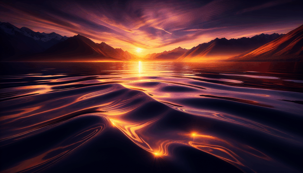 Coucher de soleil sur un lac serein avec des montagnes en arrière-plan.